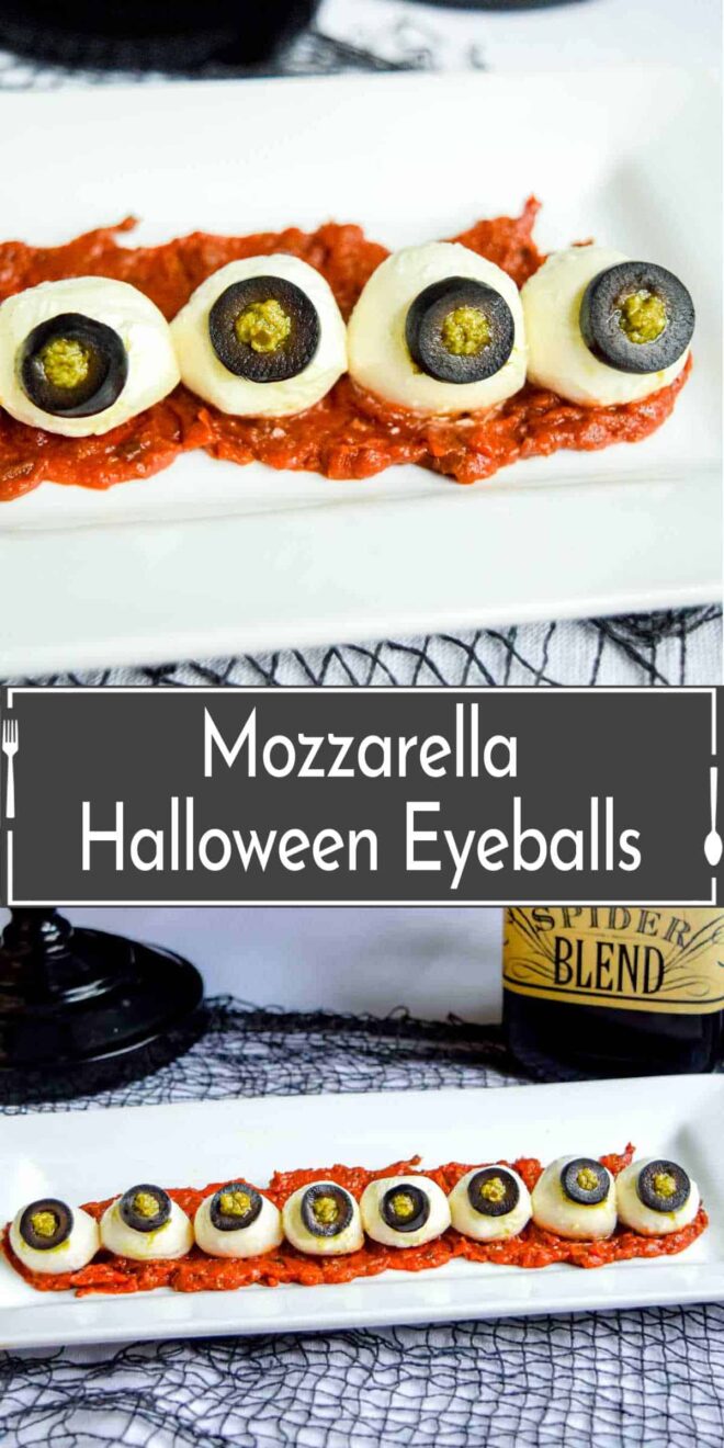 Mozarella halloween eyeballs on a plate.