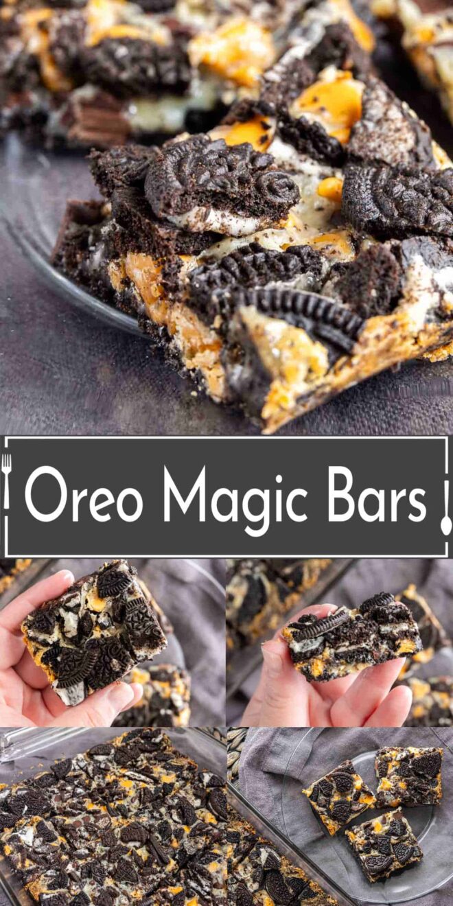 pinterest image of Oreo Magic Bars are shown in several pictures.
