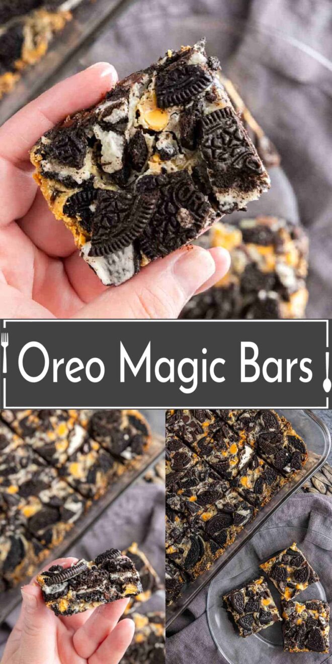 pinterest image of Oreo magic bars are shown in several pictures.
