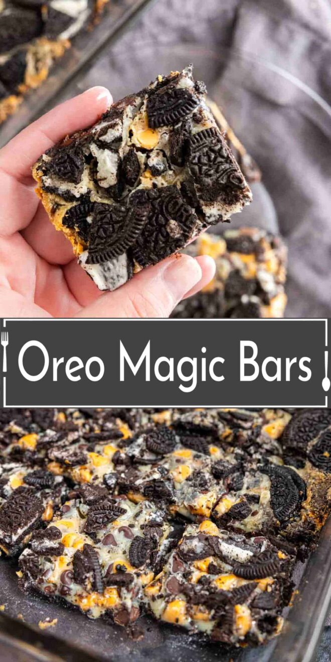 pinterest image of Oreo magic bars in a baking dish.