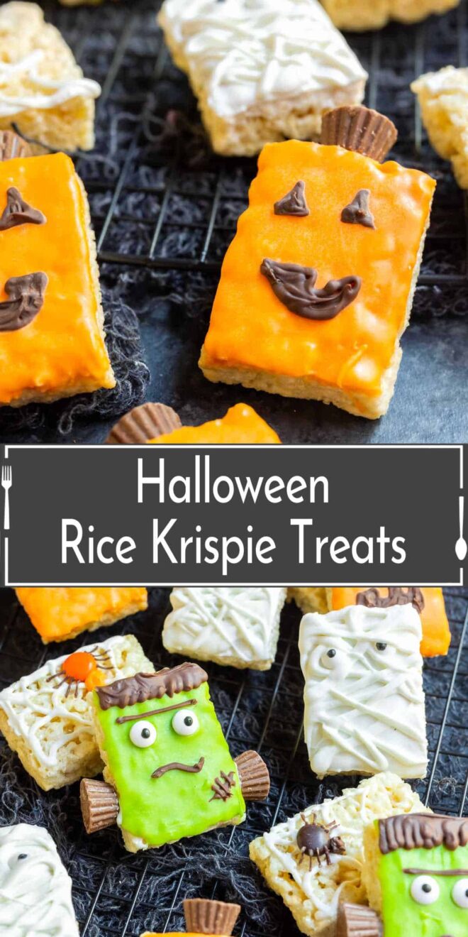 Halloween rice krispie treats on a cooling rack that look like pumpkins