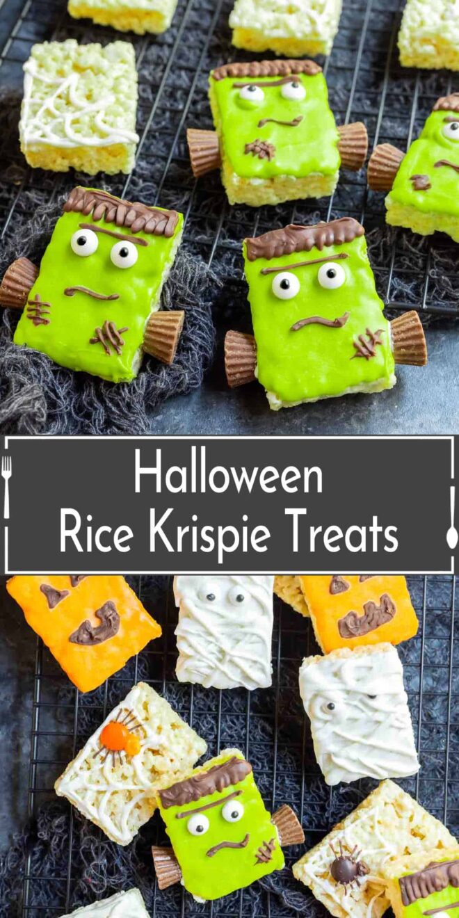 Halloween rice krispie treats on a cooling rack.