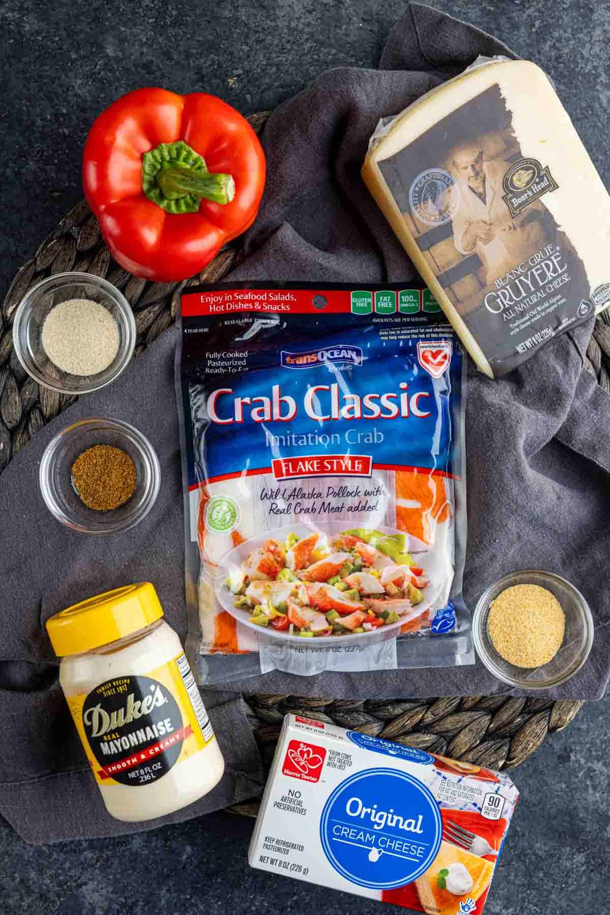 The ingredients for a crab classic sandwich on a gray plate.