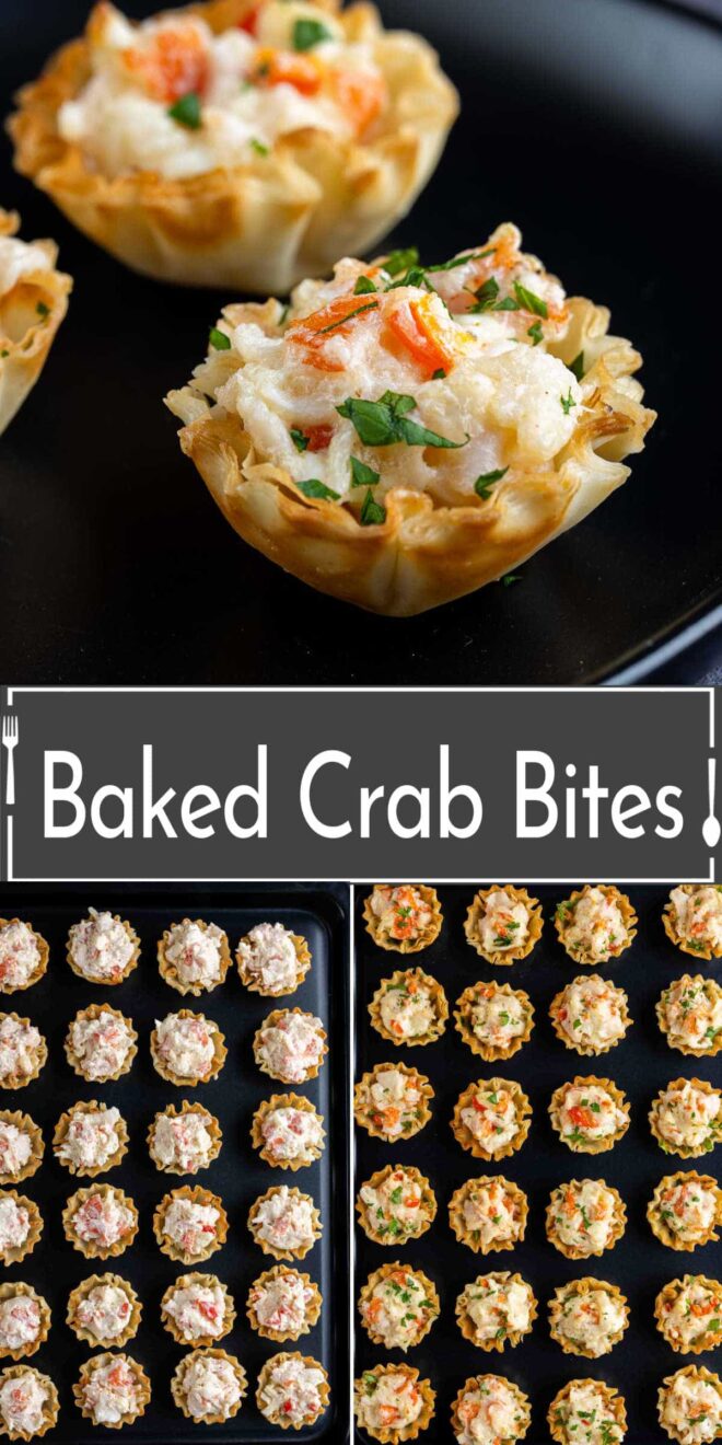 Baked crab bites on a black tray.
