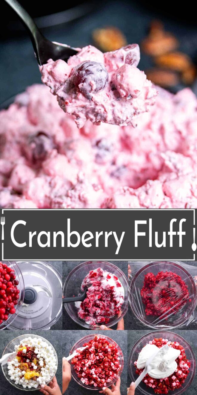 pinterest image of Cranberry fluff in a bowl with a spoon.