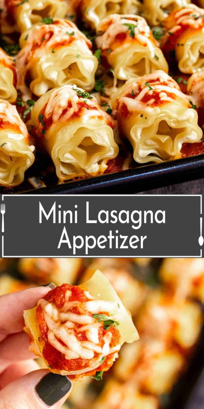 pinterest image of Mini lasagna appetizers on a tray