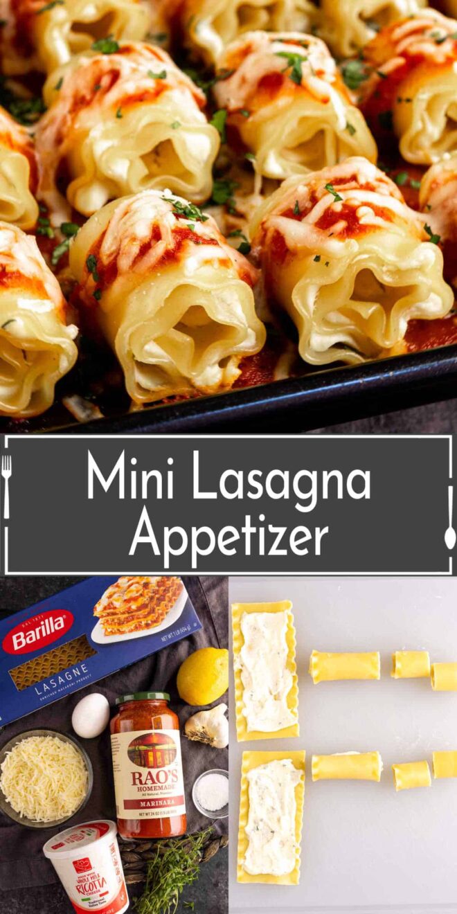 pinterest image of Mini lasagna appetizers ingredients and directions
