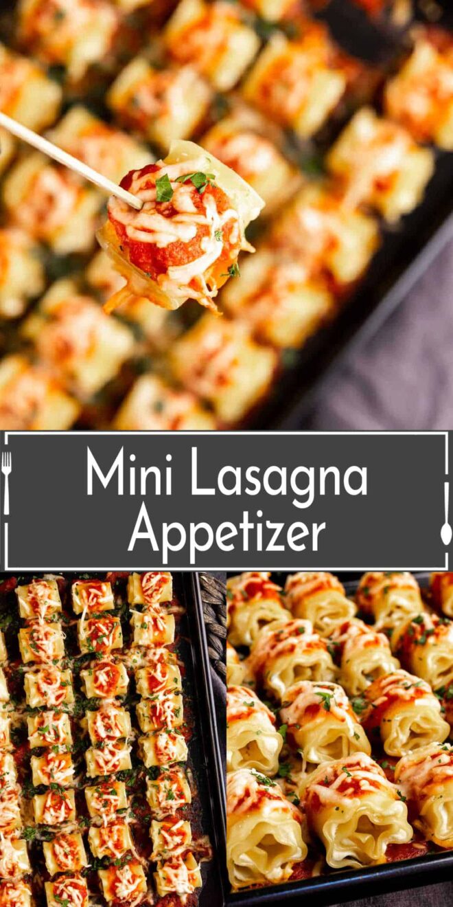 pinterest image of Mini lasagna appetizers on a tray.