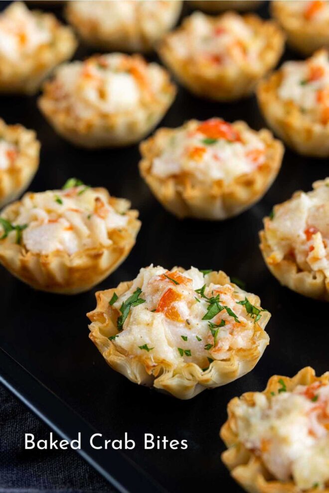 Baked crab bites on a tray.