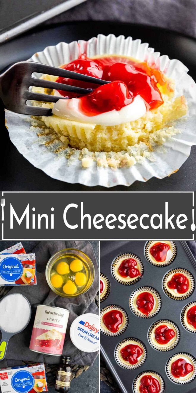 Mini cheesecakes are shown in a collage with a fork and ingredients for mini cheesecake