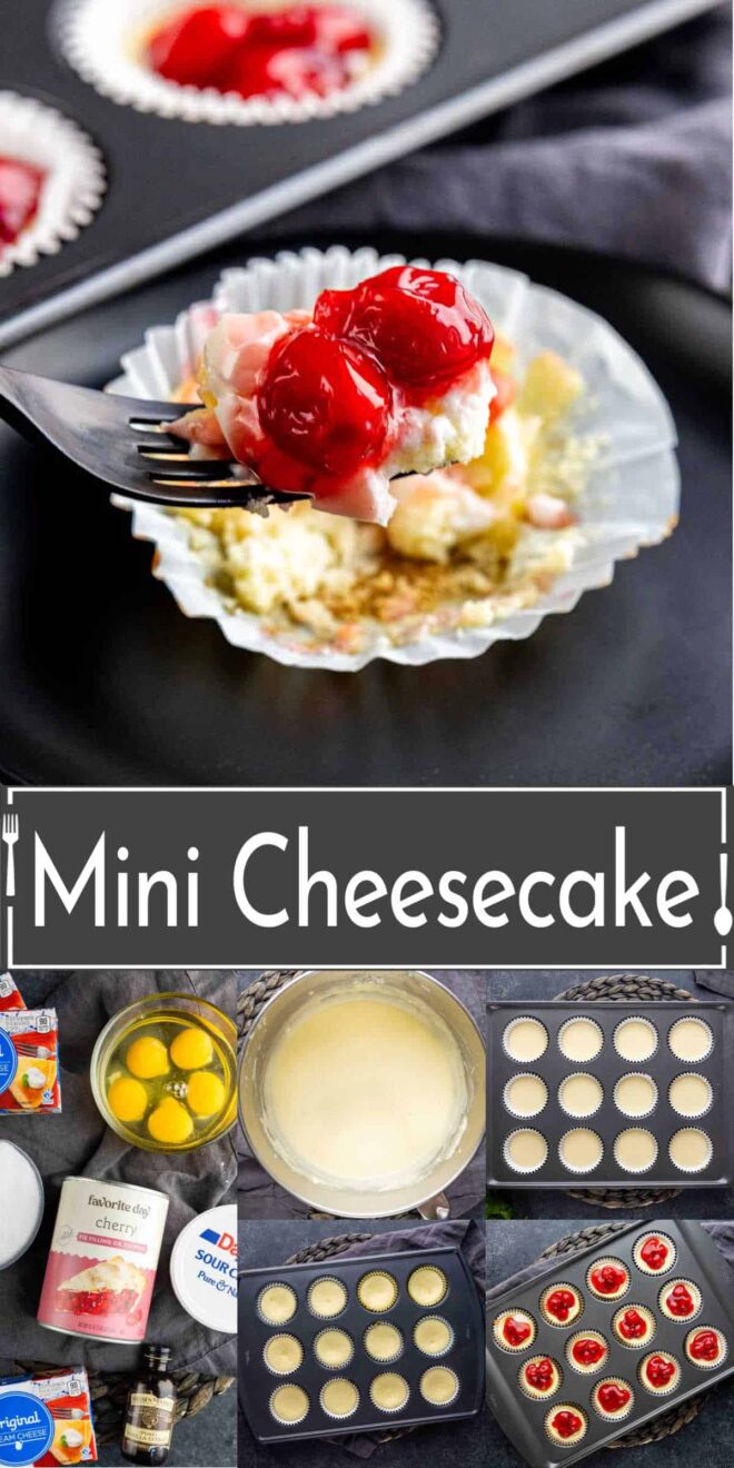 pinterest image of Mini cheesecakes in mini muffin tins.