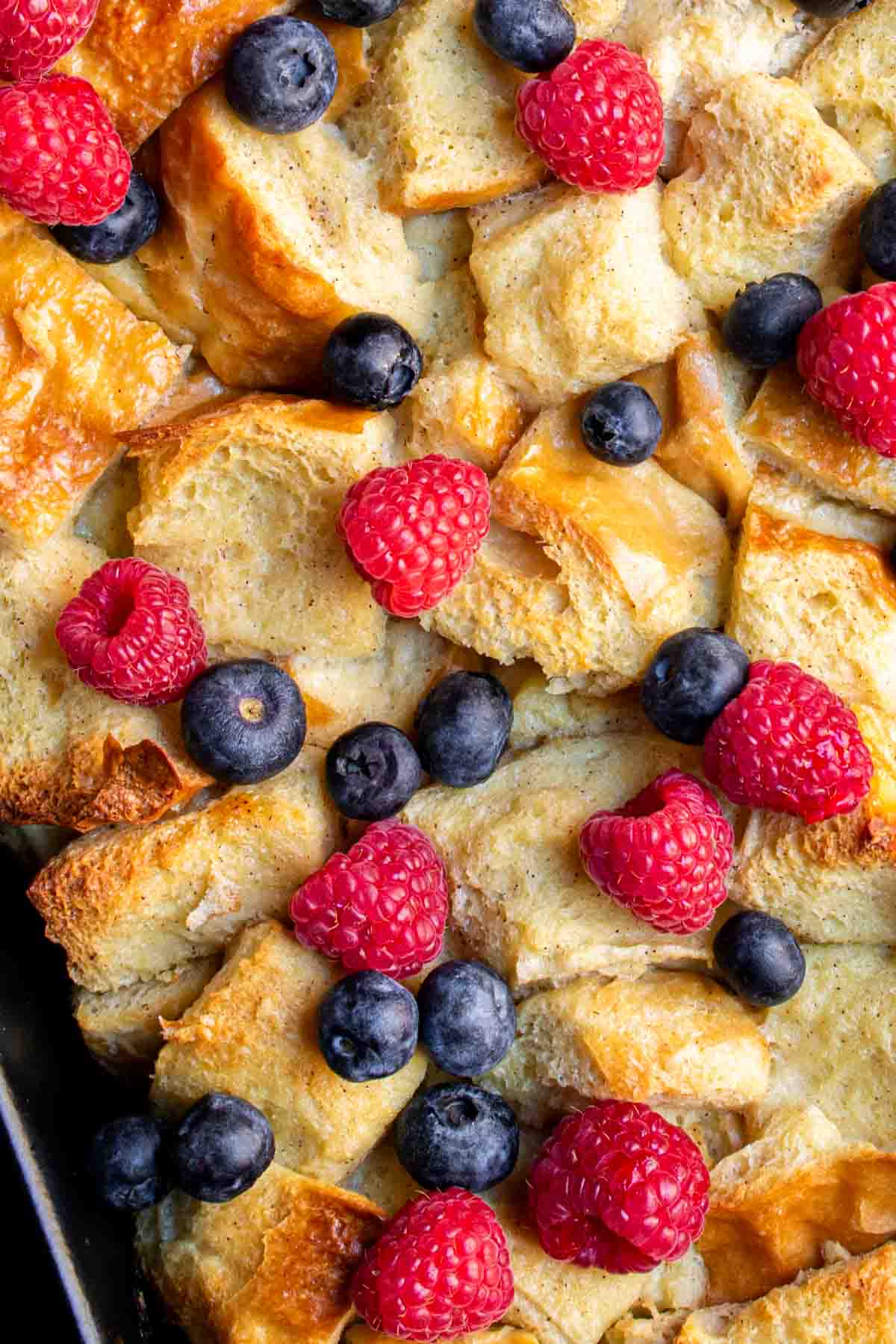 French Overnight French Toast Bake with berries and blueberries.