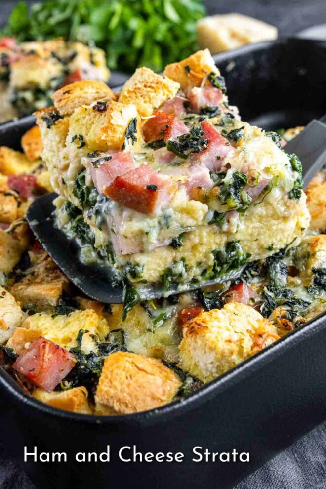 pinterest image of Ham and cheese strata in a skillet.
