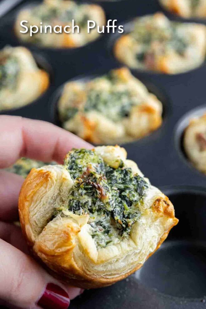 pinterest image of Spinach puffs in a muffin tin.