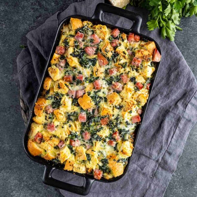 Ham and Cheese Strata with spinach.