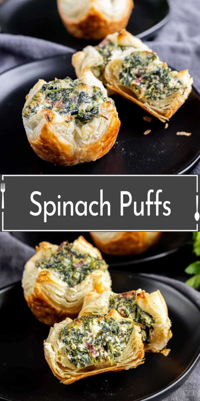 pinterest image of Spinach puffs on a black plate.