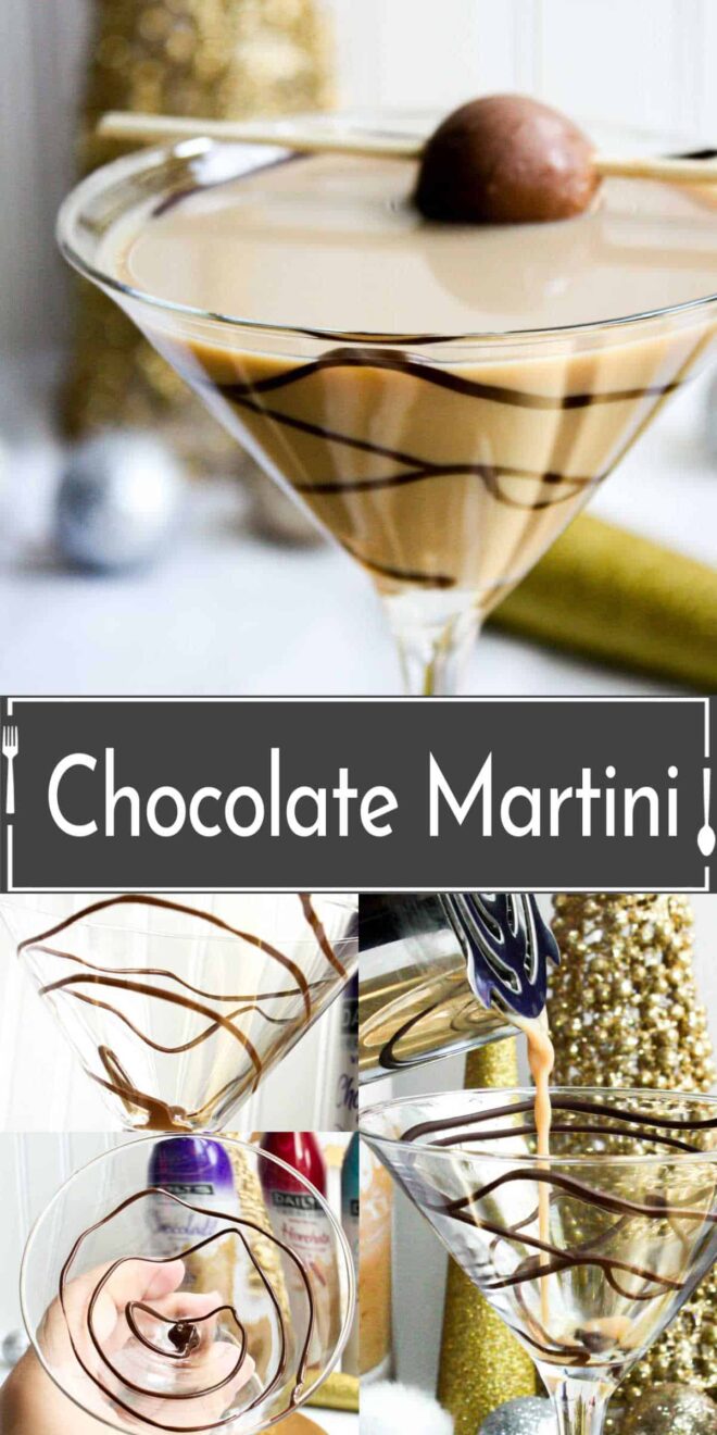 pinterest collage of Chocolate martini in a martini glass.