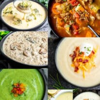 A collage of different soups in a bowl.