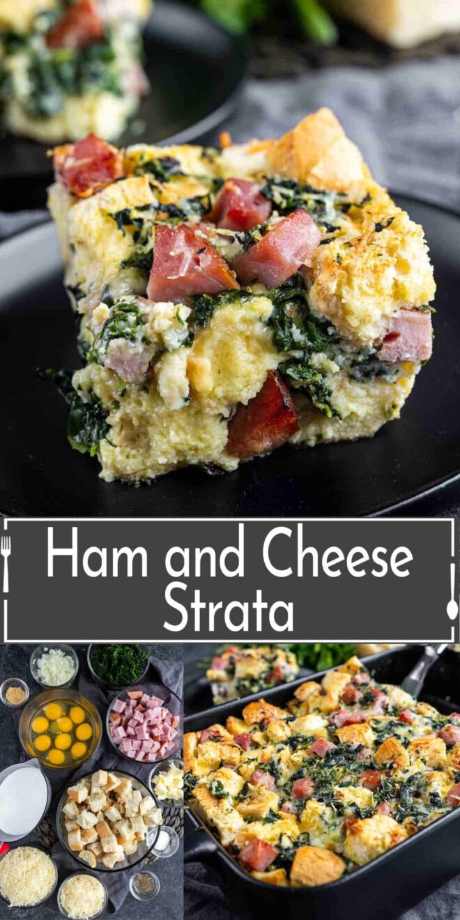 pinterest collage of Ham and cheese strata in a skillet.