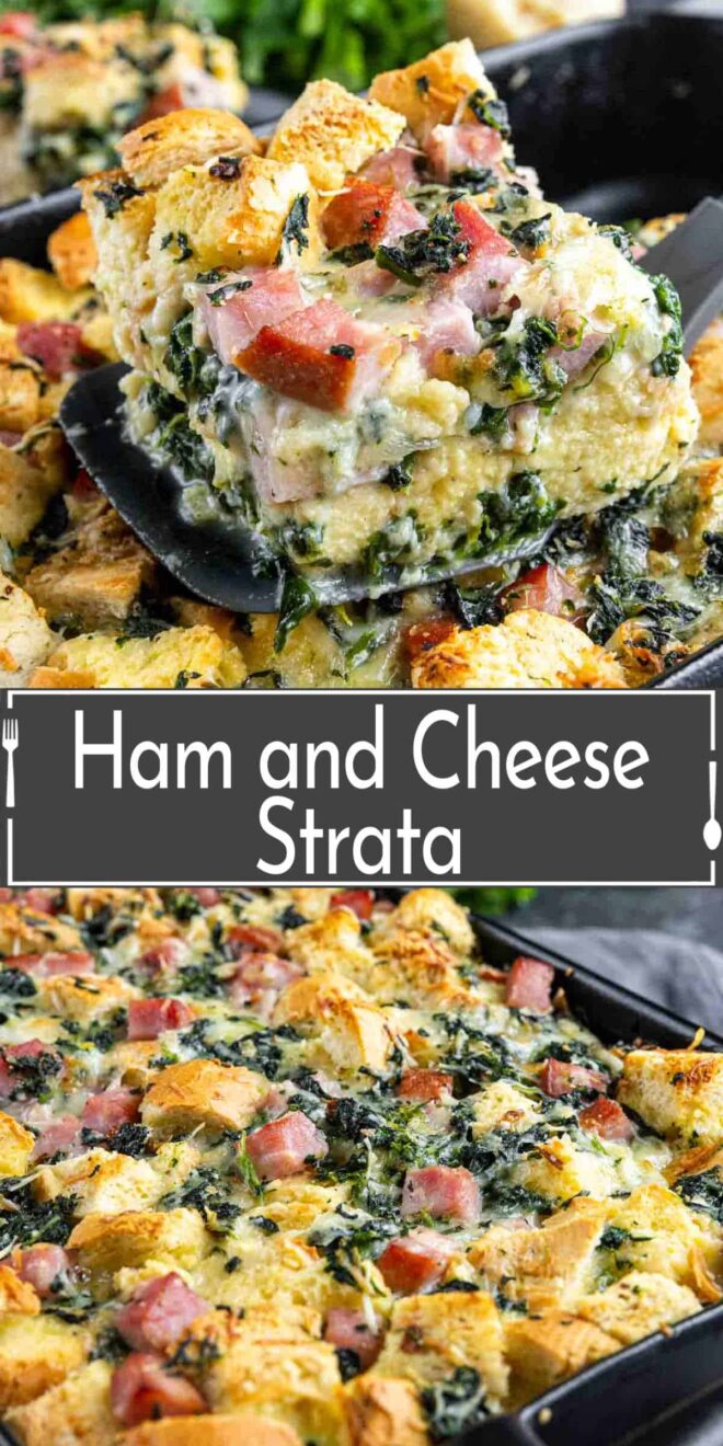pinterest image of Ham and cheese strata in a pan.
