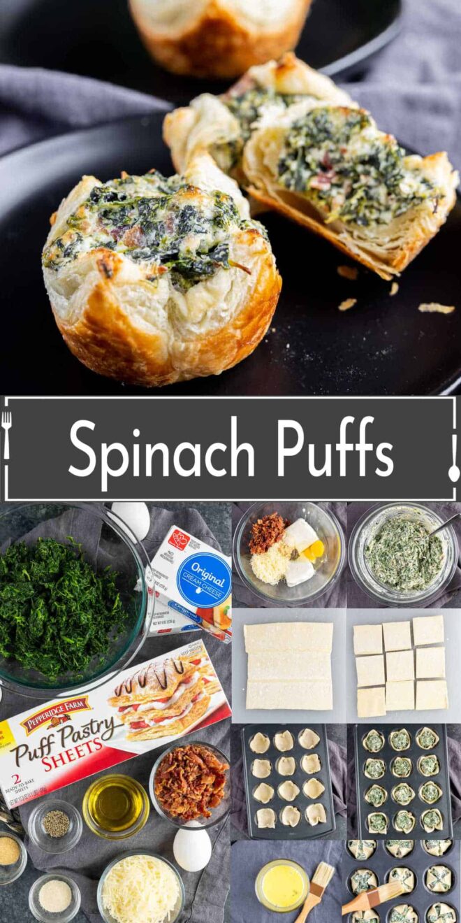 A collage of spinach puffs and ingredients.