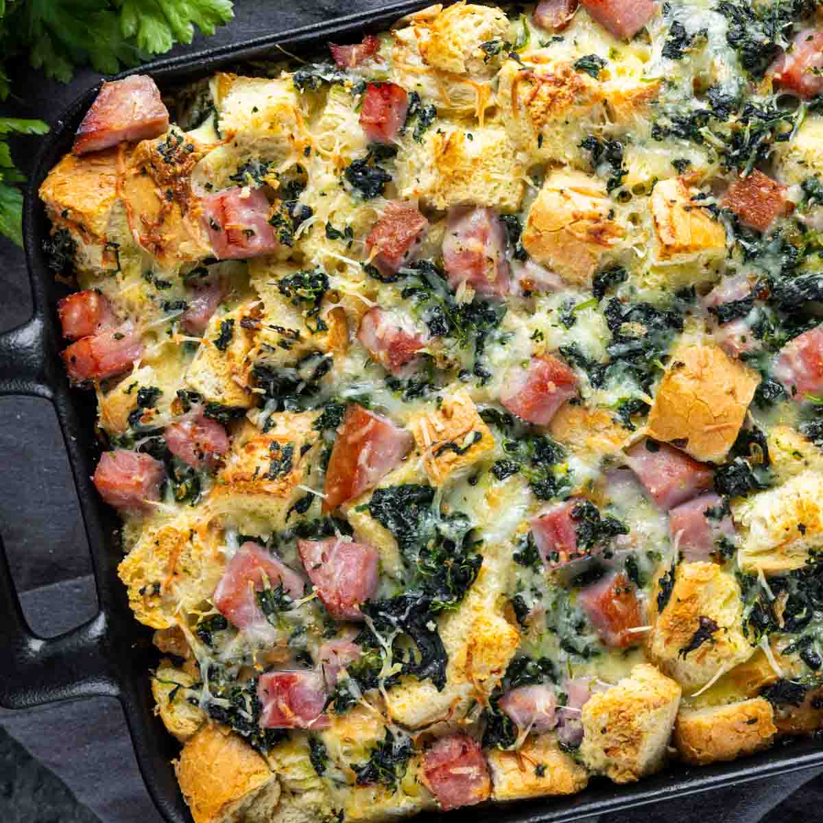 Ham and Cheese Strata in a cast iron skillet.