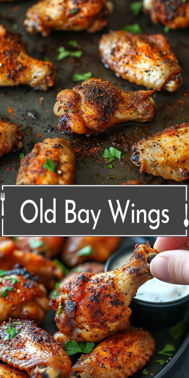 pinterest collage Old bay wings in a pan with dipping sauce.