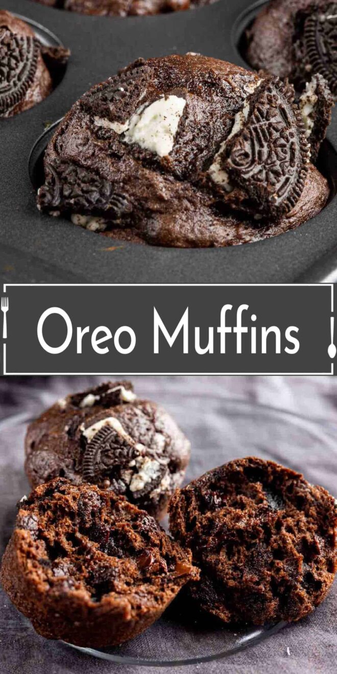 pinterest collage of Oreo muffins in a muffin tin.