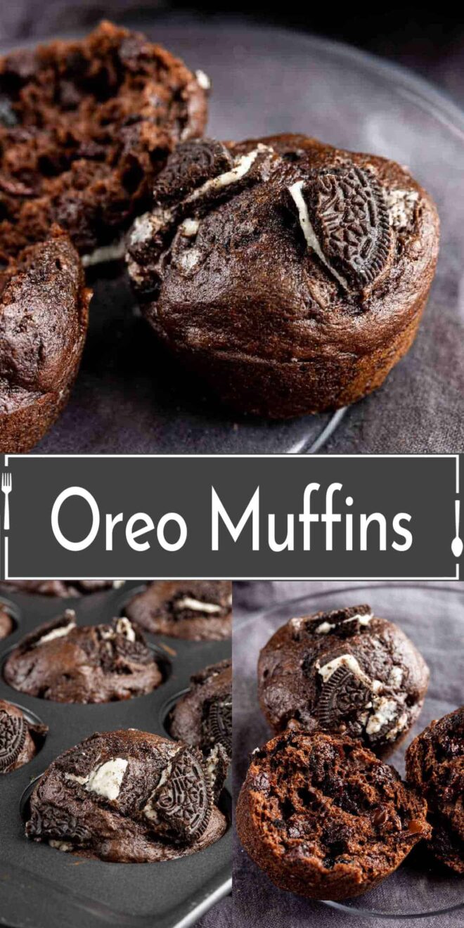 pinterest collage of Oreo muffins in a muffin tin.