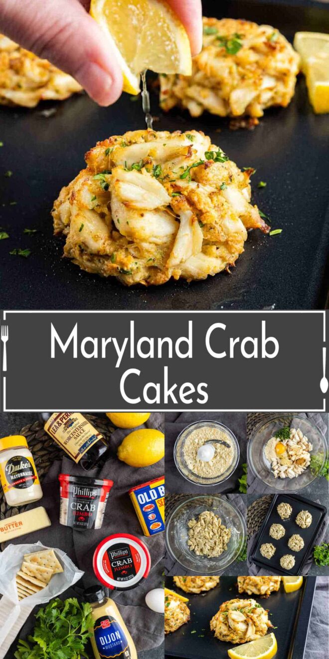 pinterest collage of Maryland Crab Cakes on a black surface.