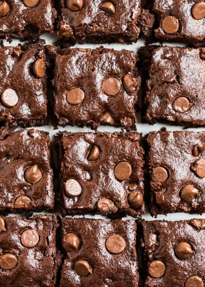 A plate of chocolate brownies with chocolate chips on top.