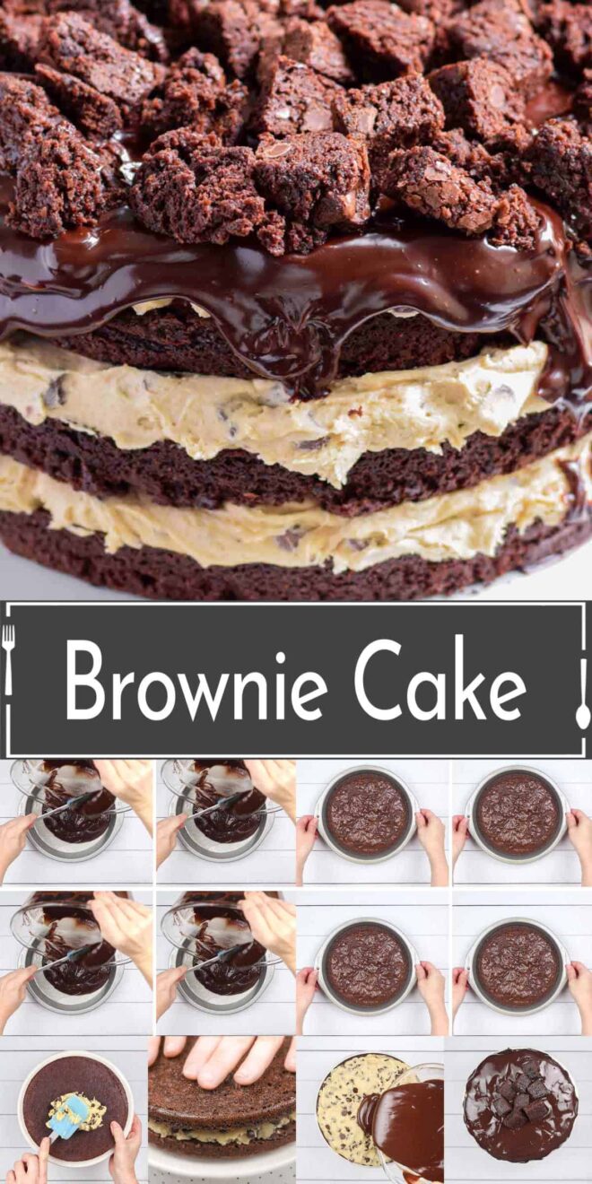 A collage of pictures showing how to make brownie cake.