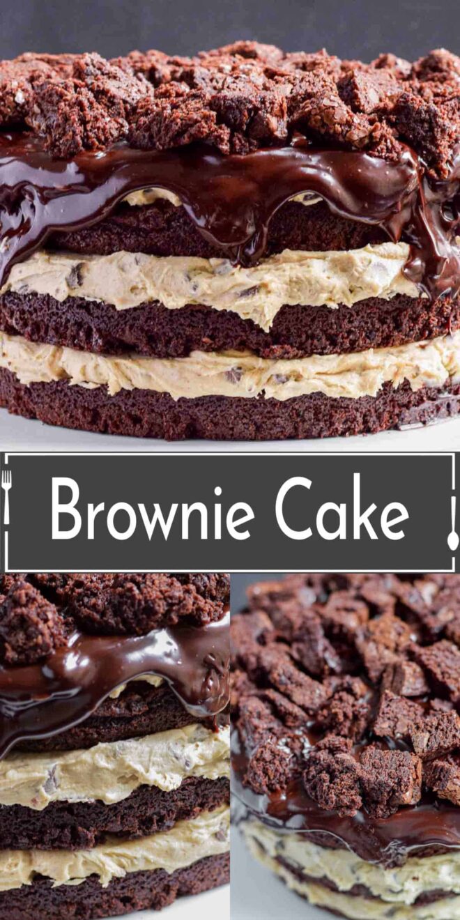 pinterest image of A brownie cake is shown on a plate.