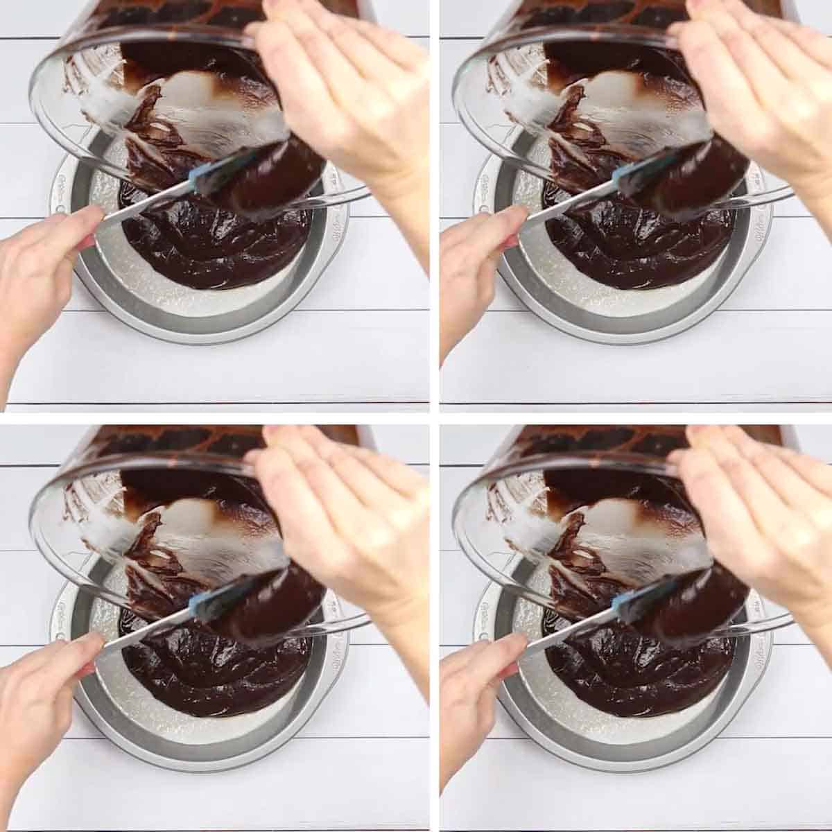 A person pouring Brownie Cake into a pan with a spatula.