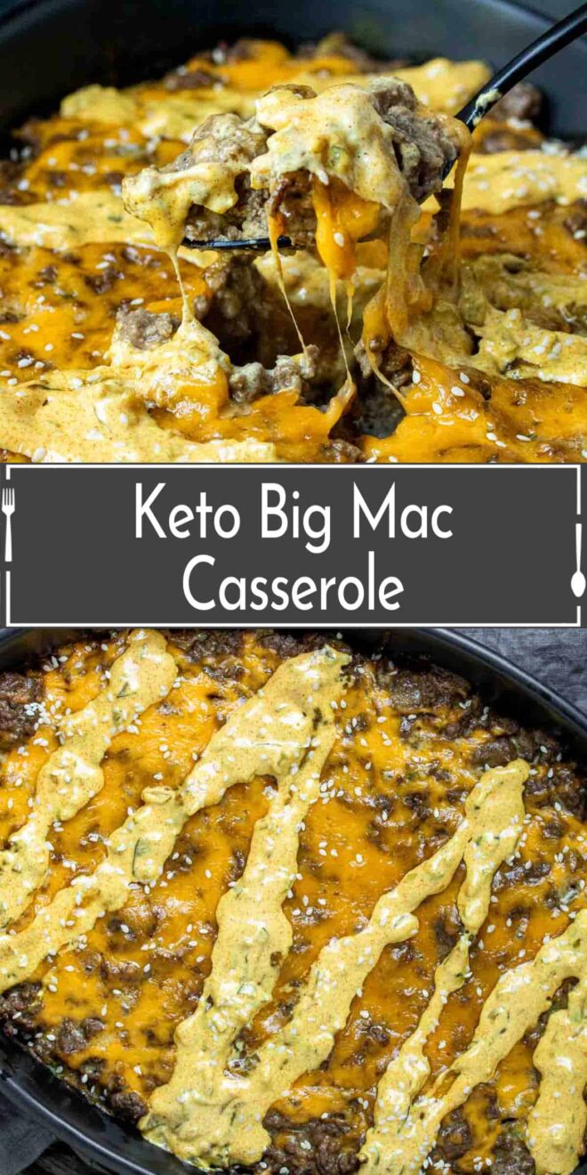pinterest image of Keto big mac casserole in a skillet.