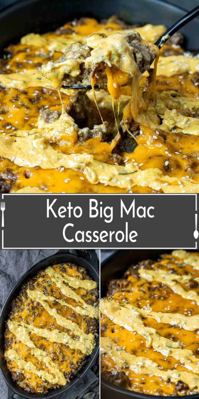 pinterest collage of Keto big mac casserole in a skillet.