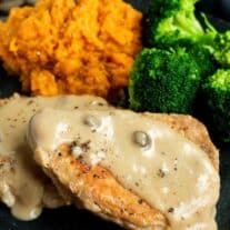 Chicken breasts with gravy and broccoli on a plate.