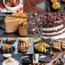 A collage of pictures of chocolate desserts.