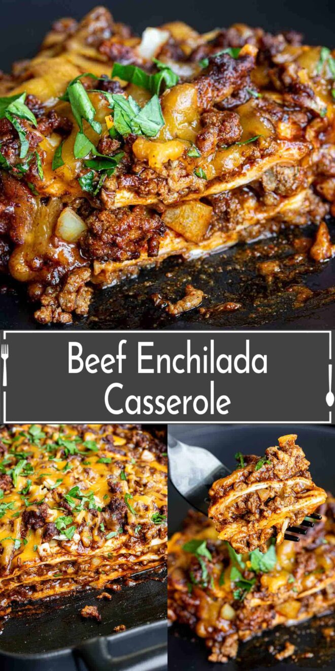 pinterest image of Beef enchilada casserole.