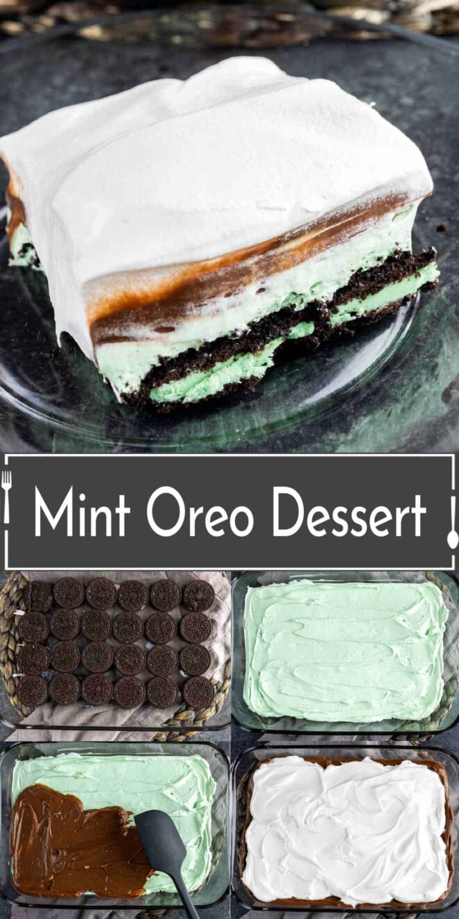 pinterest collage of How to make mint oreo dessert.