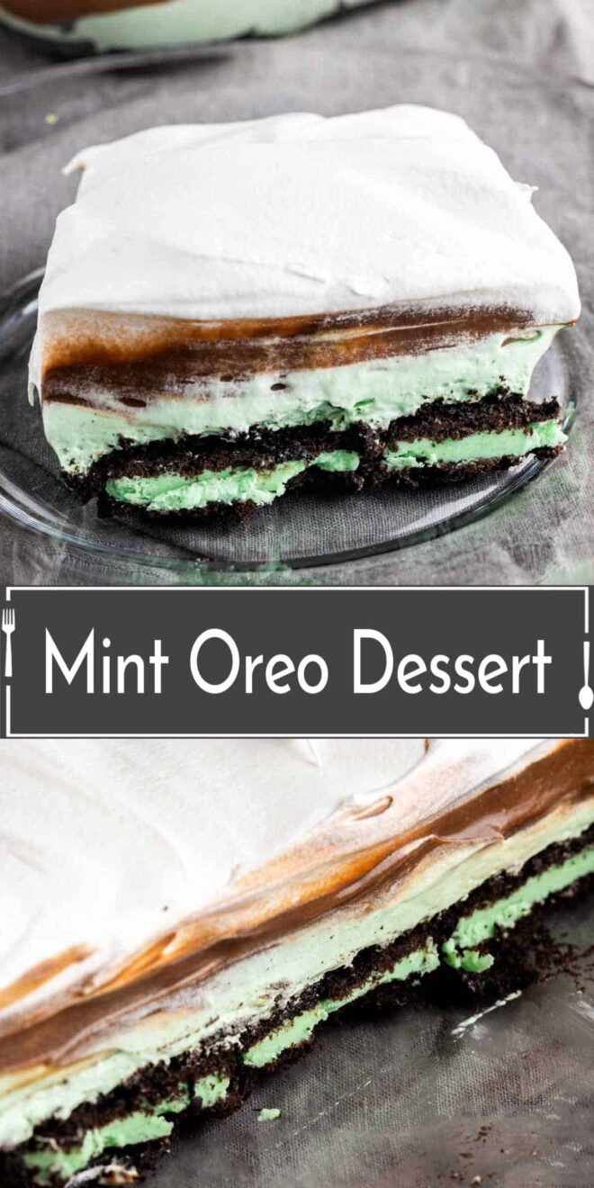 pinterest image of Mint oreo dessert with a slice cut out of it.