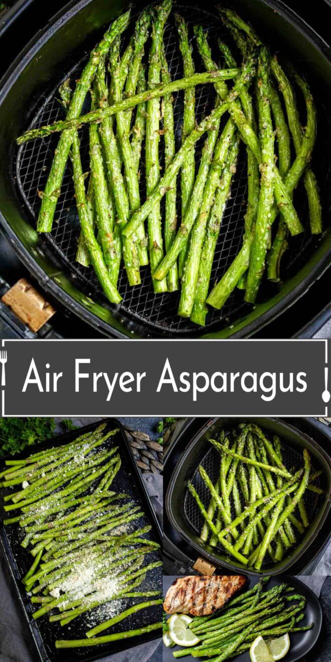 pinterest image of Air Fryer Asparagus cooked in an air fryer, served with a sprinkle of seasoning.