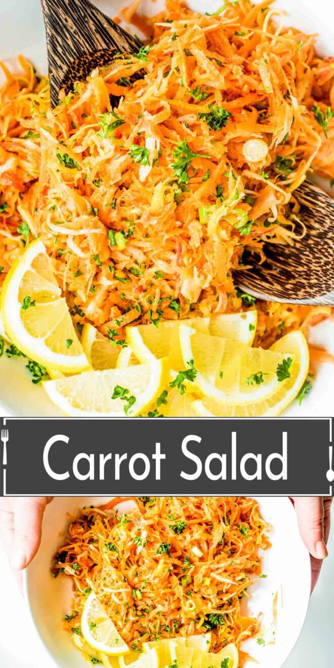 pinterest picture of A vibrant and fresh carrot salad garnished with lemon slices and parsley.