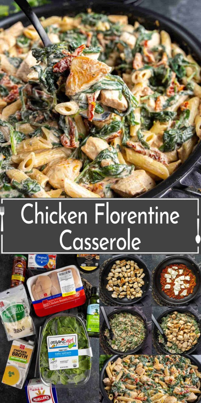 pinterest collage of Step-by-step preparation of a chicken florentine casserole shown in a collage format.