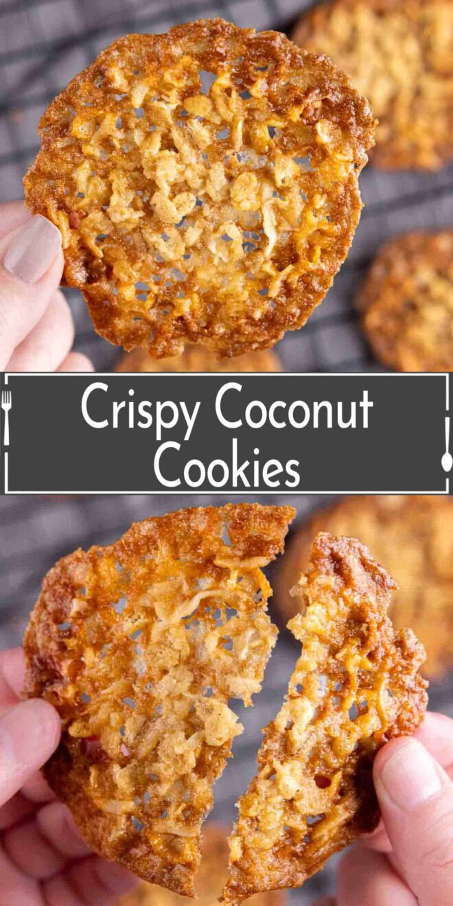 pinterest image of Crispy coconut cookies on a cooling rack.