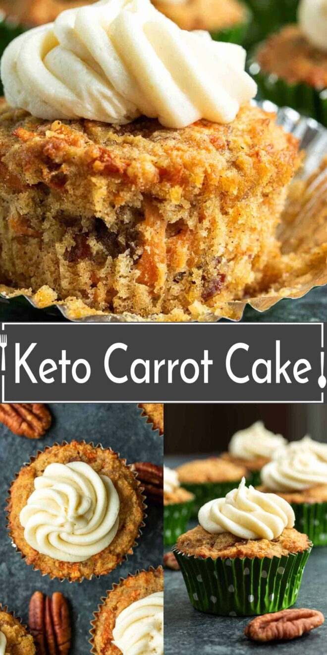A collage showcasing Keto Carrot Cake, some with cream cheese frosting and pecans.