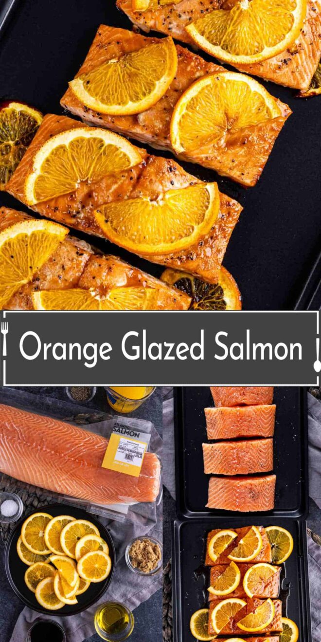 pinterest of Preparation and presentation of orange glazed salmon fillets.