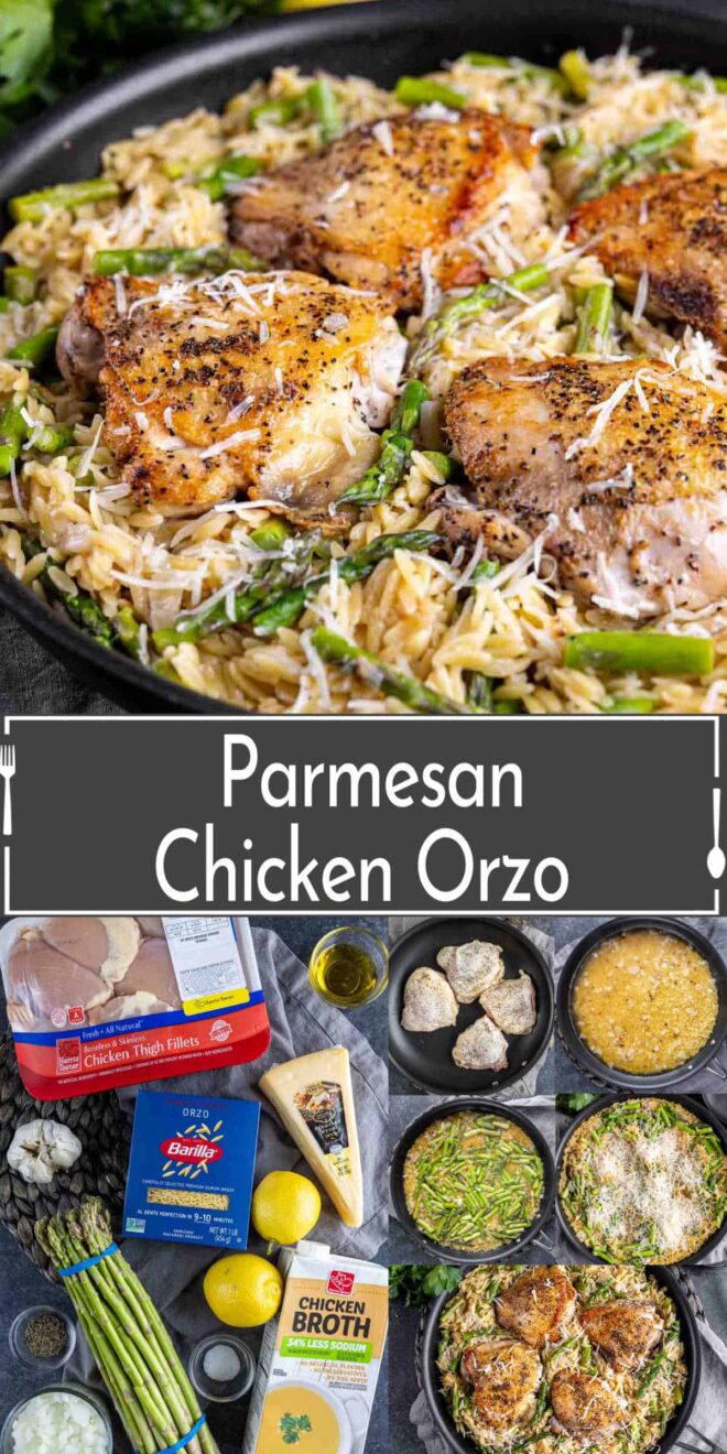 A pinterest collage showcasing a parmesan chicken orzo dish with its ingredients and preparation steps.