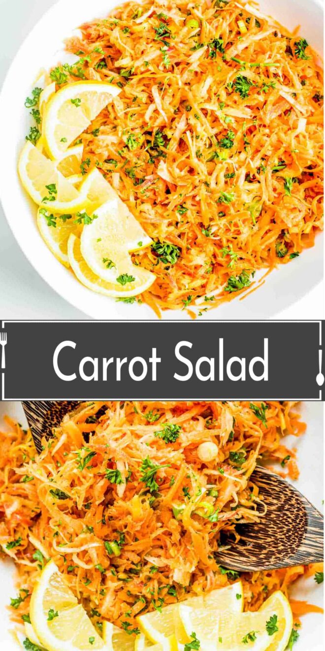 pinterest collage of A bright and colorful carrot salad garnished with lemon slices and parsley, served in a white bowl.