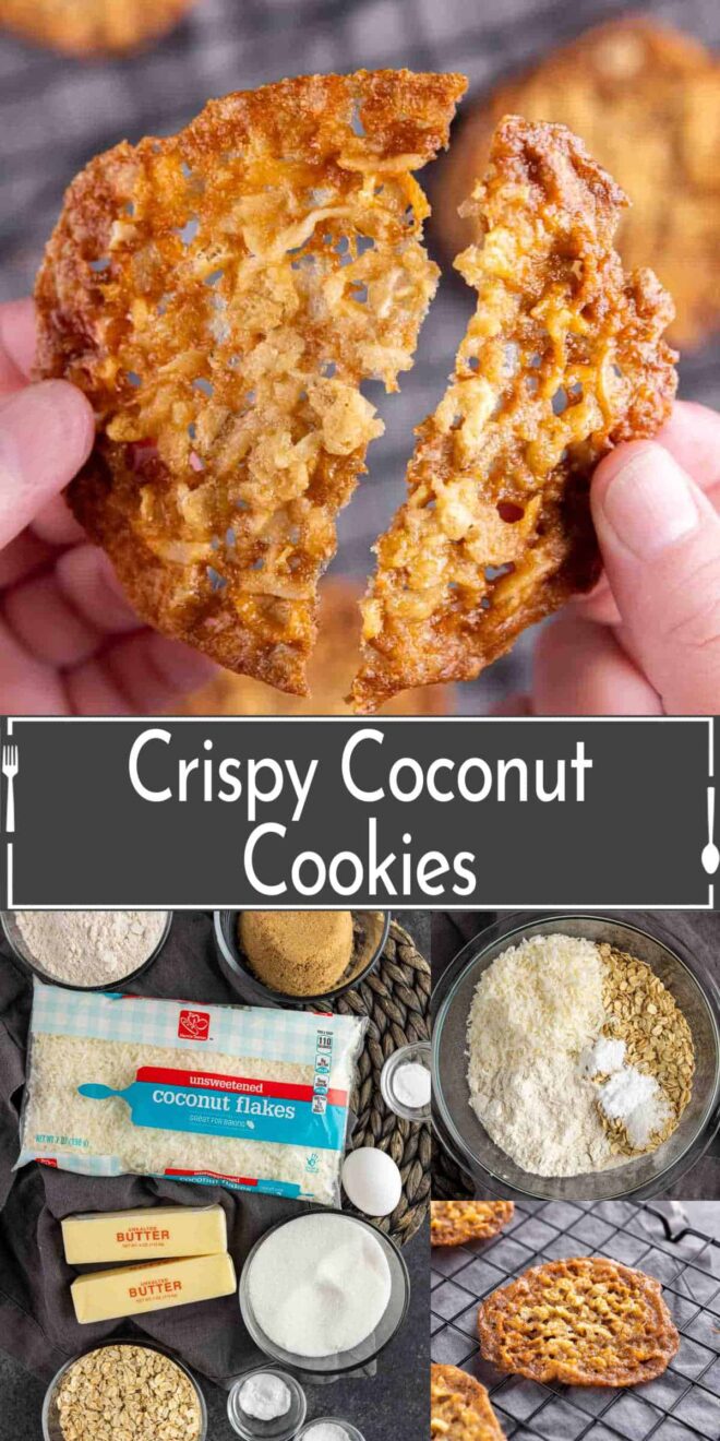 A collage of pictures showing how to make crispy coconut cookies.